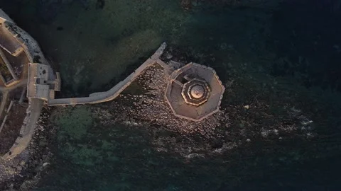 Aerial panoramic view of the Bourtzi tower in Methoni Venetian Fortress, Gree Stock Footage 144562997