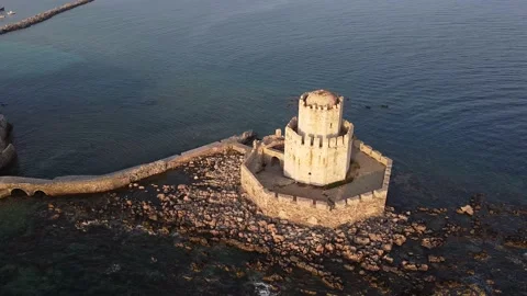 Aerial panoramic view of the Bourtzi tower in Methoni Venetian Fortress, Gree Stock Footage 144565704
