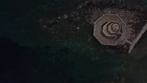 Aerial panoramic view of the Bourtzi tower in Methoni Venetian Fortress, Gree Stock Footage 144592426