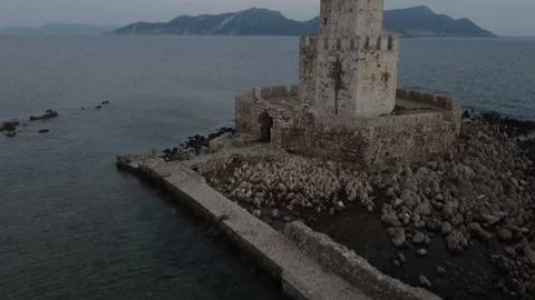 Aerial panoramic view of the Bourtzi tower in Methoni Venetian Fortress, Gree Stock Footage 144593359