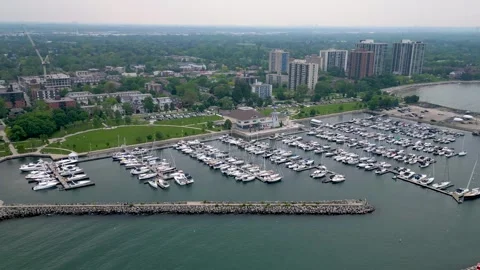 Aerial panoramic view of Bronte Harbour marina in Oakville Stock Footage 330760217