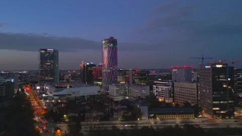 Aerial Panoramic View Of Bucharest City Skyline Business District At Night Stock Footage 260746241