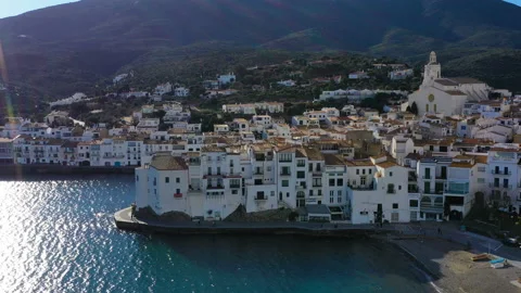 Aerial panoramic view of Cadaques Spain. Curious birds seagulls fly close to the Video stock 103501724