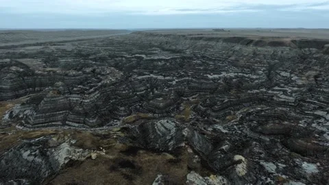 Aerial panoramic view of canadian badlands, drone video of canyons of Alberta Stock Footage 197005341