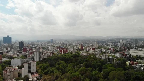 Aerial panoramic view of CDMX with drone flying over Parque Mexico on a cloudy Stock Footage 123687469