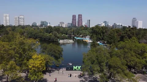 Aerial panoramic view of Chapultepec park lake in Mexico City, Mexico 4K Stock Footage 165131357