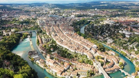 Aerial panoramic view of cityscape of Bern, historic city center - Switzerland Stock Footage 96297416