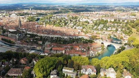 Aerial panoramic view of cityscape of Bern, historic city center - Switzerland Stock Footage 96303222