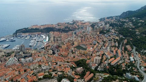 Aerial panoramic view of cityscape of Monte Carlo, yachts in harbor, Monaco Stock Footage 95900771