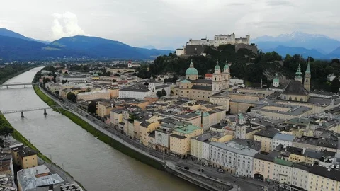 Aerial panoramic view of cityscape of old historic Salzburg city Austria  Europe Stock Footage 90648566