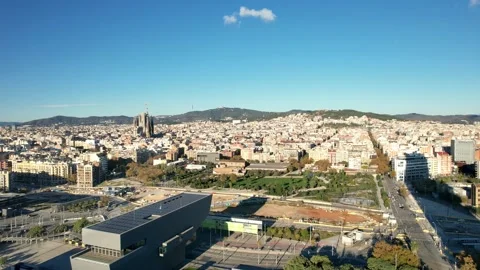 Aerial panoramic view of cityscape with Torre Glories or Torre Agbar famous Video stock 233632230