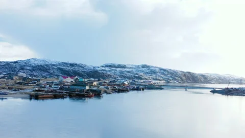 Aerial panoramic view of a coastal village in Alaska, USA. Winter in Alaska. Stock Footage