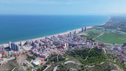 Aerial panoramic view of Cullera, Spain with coastal skyline Video stock 318002202