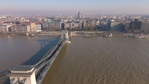 Aerial panoramic view of the Danube river with cityscape on a sunny day Stock Footage 265106402