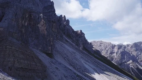 Aerial panoramic view Dolomites Alpine mountains and valley, Pian delle erbe Stock Footage 114355434