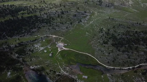 Aerial panoramic view Dolomites Alpine mountains and valley, Fanes valley Stock Footage 114355444