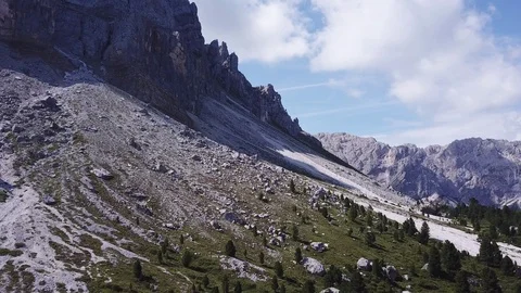 Aerial panoramic view Dolomites Alpine mountains and valley, Pian delle erbe Stock Footage 114356137