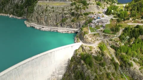 Aerial panoramic view of Emosson Dam and turquoise lake in Swiss Alps Stock Footage 317768680