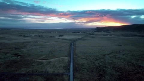 Aerial Panoramic View Of An Endless Highway In Olfus During Sunset In Stock Footage 227517525