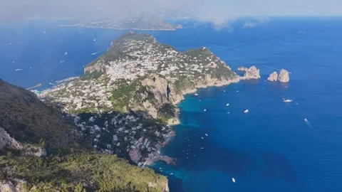Aerial Panoramic View Entire Capri Island Faraglioni Bay of Naples Italy Stock Footage 337874569