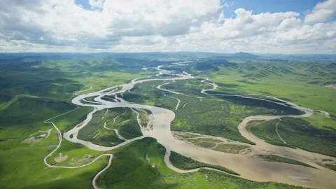 Aerial Panoramic View of the First Bend of Yellow River in Ruoergai Wetland Vidéo 346966951