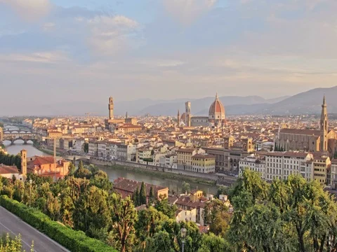 Aerial panoramic view of Florence at sunset, Italy Stock Footage 75821589