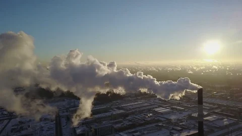 Aerial panoramic view: Flying over the steam cloud from pipe thermal power plant Stock Footage 71336564