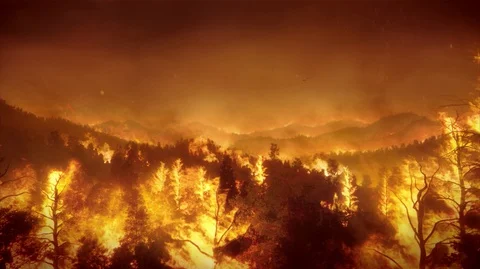 Aerial panoramic view of forest fire at night, heavy smoke causes air pollution Stock Footage