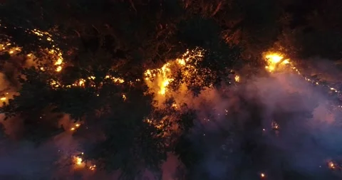 Aerial panoramic view of a forest fire at night, heavy smoke causes air Stock Footage 201932843