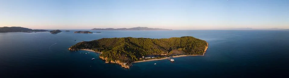 Aerial Panoramic View of the gorgeous small island Tsougria,Sporades,Greece Stock Photos