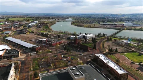 Aerial Panoramic View Of Great Falls Montana Missouri River Bridge Stock Footage 339068550