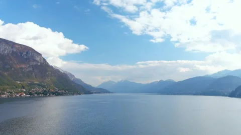 Aerial panoramic view of great lake Como waters, vicinity of Varenna, Italy Видео 249491920