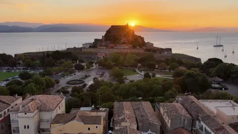Aerial panoramic view of the historic Old Fortress and Spianada square in Corfu Stock Footage 346745437