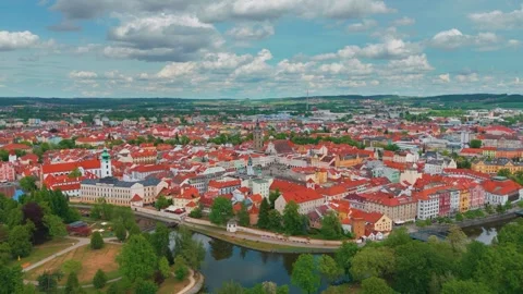 Aerial Panoramic View of Historic Písek, Czech Republic with Stone Bridge and Ot Stock Footage 318339999