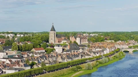 Aerial panoramic view of the historic town of Gien in the Centre-Val de Loire Stock Footage 346686749