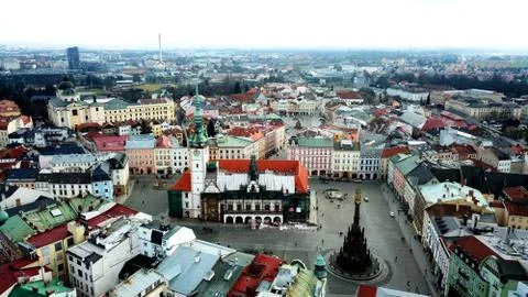 Aerial Panoramic View of Holy Trinity Column in Olomouc, Czech Republic Stock-Fotos