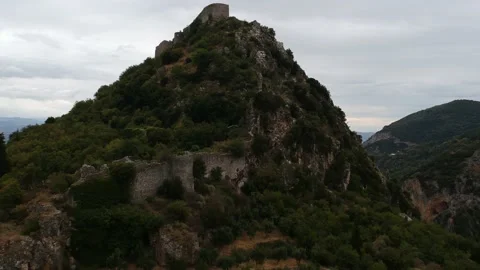 Aerial panoramic view of iconic Byzantine and medieval fortified despotate .. Stock Footage 226696366