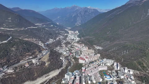Aerial panoramic view of Kangding city in Western Sichuan Stock Footage 332587362