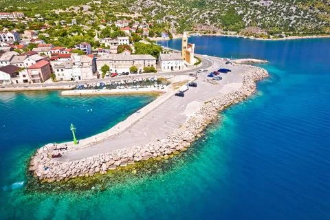 Aerial panoramic view of Karlobag waterfront and turquoise sea Aerial pano... Stock Photos