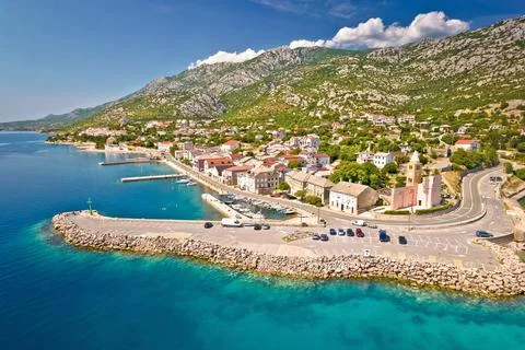 Aerial panoramic view of Karlobag waterfront and turquoise sea Aerial pano... Stock Photos