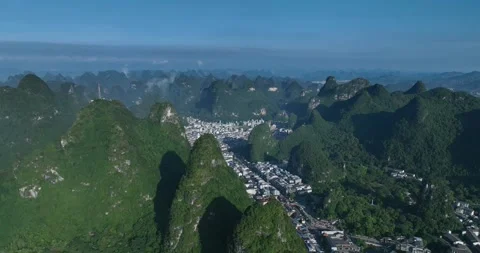 Aerial Panoramic View Of Karst Mountains And Town Yangshuo Guilin Vídeos de archivo 313053126