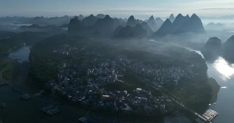 Aerial Panoramic View Of Karst Mountains River And Town At Sunrise Yangshuo Vídeos de archivo 313056916