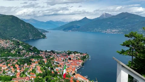 Aerial panoramic view of lake Como in Italy, Menaggio luxury resort on Como lake Stock Footage 310905695