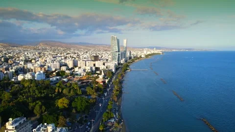 Aerial panoramic view of Limassol, Cyprus, highlighting the modern skyline. Stock Footage 320816063