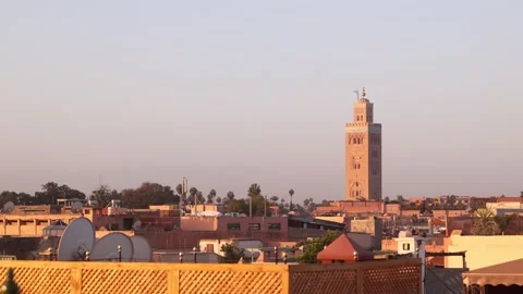 Aerial panoramic view of Marrakech, Morocco at sunset from the rooftop of house Video stock 315508598