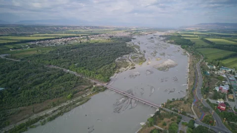 Aerial Panoramic View of Mengbulake Bridge and Tekes River in Ili Stock Footage 343330778