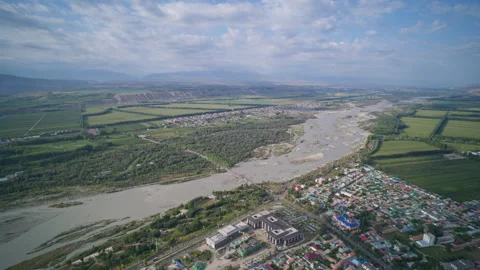 Aerial Panoramic View of Mengbulake Bridge and Tekes River in Ili Stock Footage 343330876