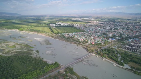 Aerial Panoramic View of Mengbulake Bridge and Tekes River in Ili Stock Footage 343331260
