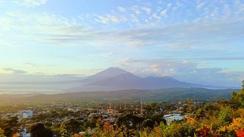 Aerial Panoramic View Merapi Merbabu mountain from Ambarawa. Stock Photos