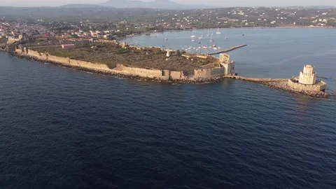 Aerial panoramic view of Methoni castle, a Venetian Fortress, Greece Stock Footage 144555401